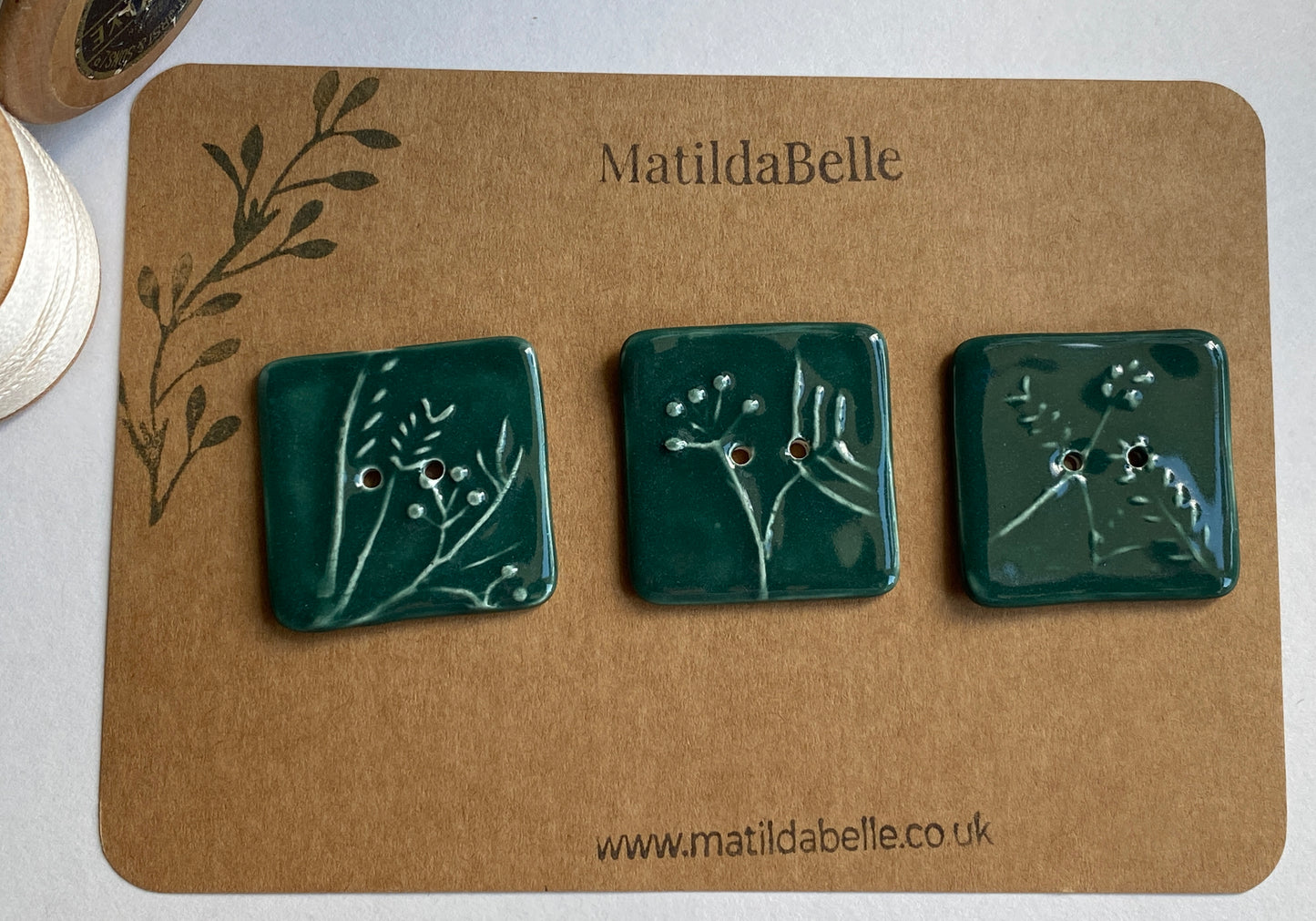 35mm Set of 3 Square Botanical Clay Buttons Green- 35mm  -