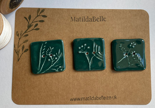 35mm Set of 3 Square Botanical Clay Buttons Green- 35mm  -
