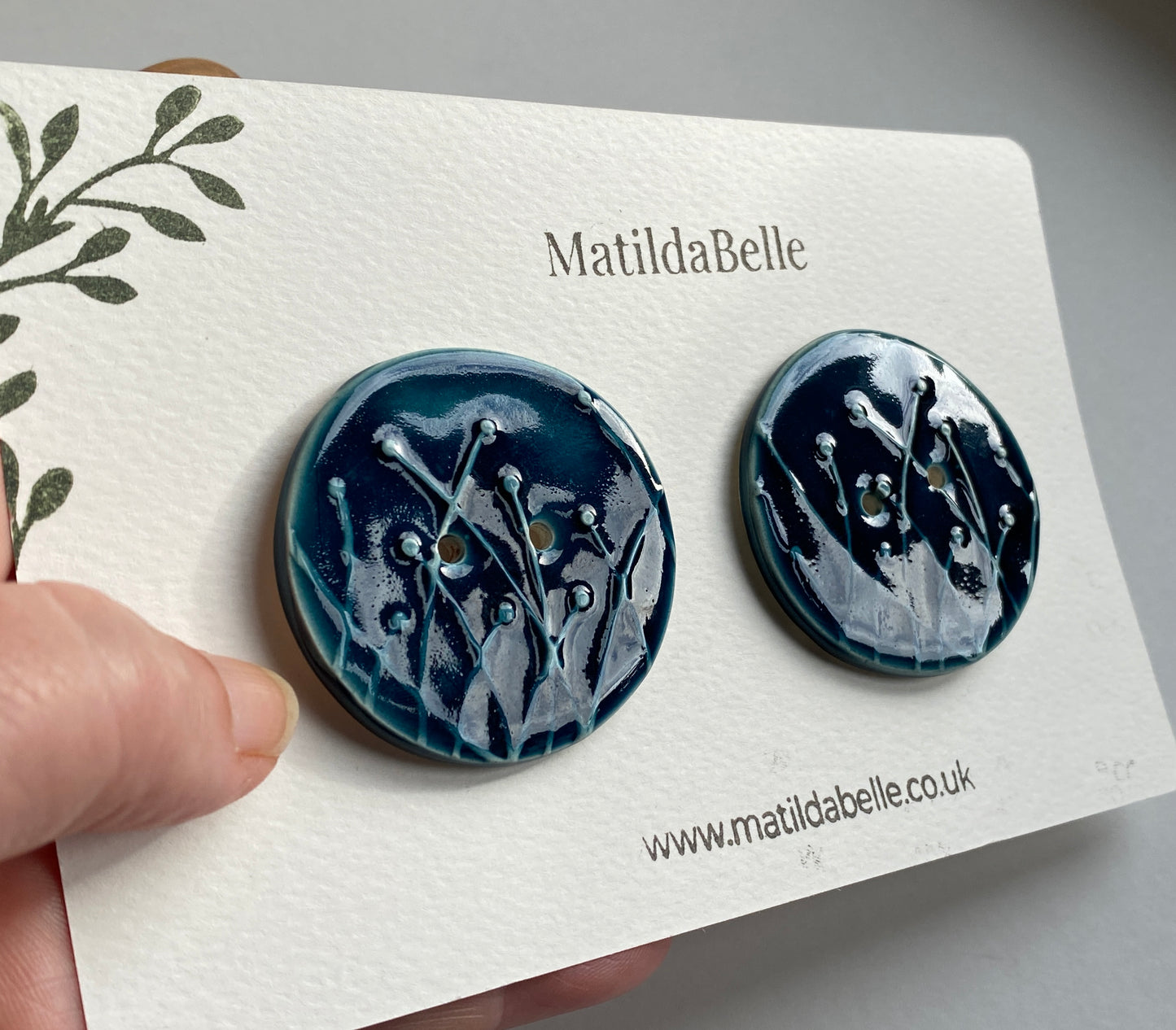 Large Pair of Botanical Handmade Buttons 46mm Rich Blue