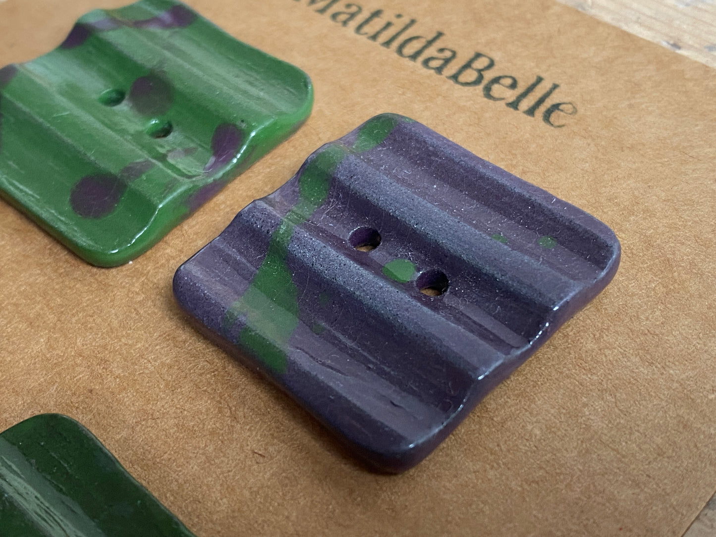 Set of 4 square 30mm Stoneware Buttons rippled Purple and Green Camo