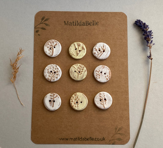 Ceramic Handmade buttons set of Nine pastel botanical 20mm