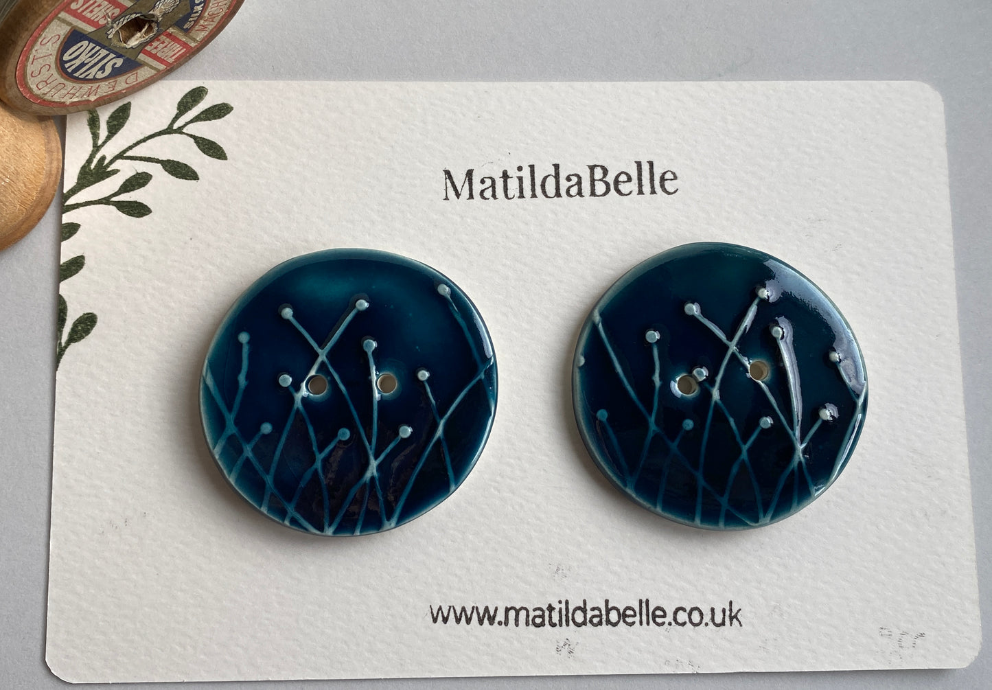 Large Pair of Botanical Handmade Buttons 46mm Rich Blue