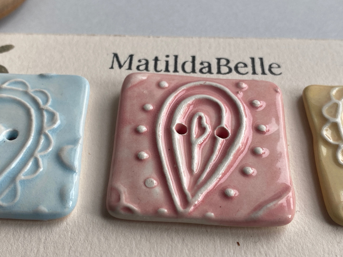 Handmade set of 3 Ceramic 35mm square Buttons Whimsical design Pretty Pastels