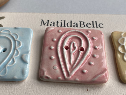 Handmade set of 3 Ceramic 35mm square Buttons Whimsical design Pretty Pastels