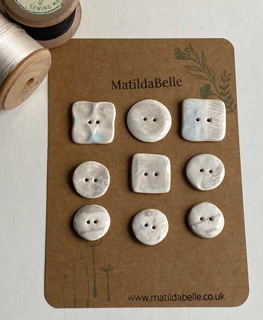 Buttons set of 9,  Mixed size Handmade Mono  Printed  Ceramic Buttons