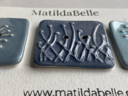 35mm Set of 3 Square Botanical Clay Buttons Blues - 35mm  -