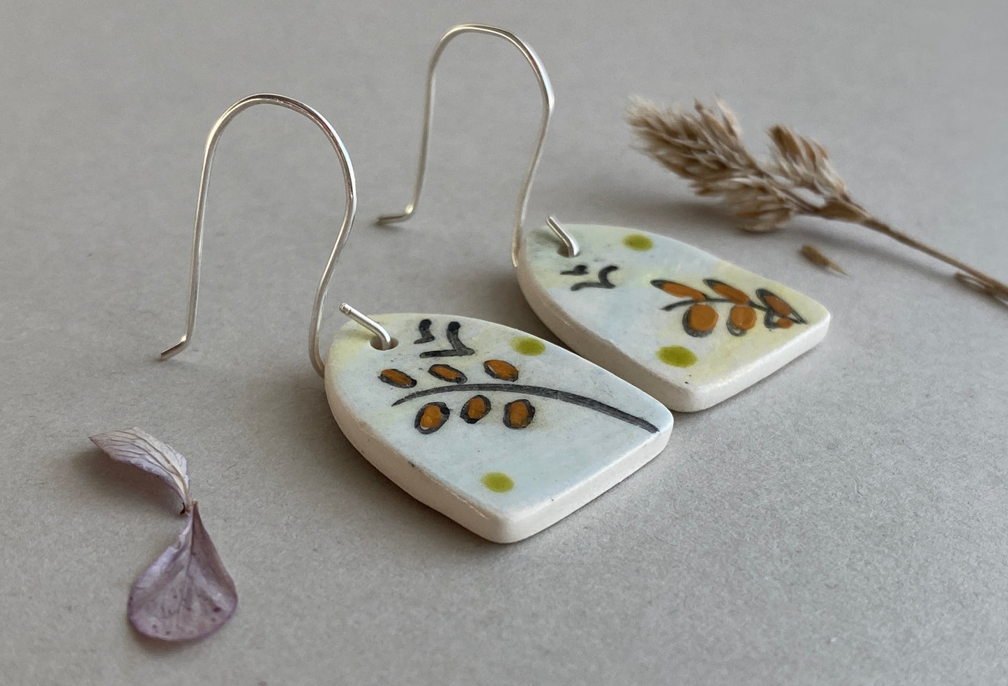 Handmade Ceramic Botanical Drop earrings Sterling Silver