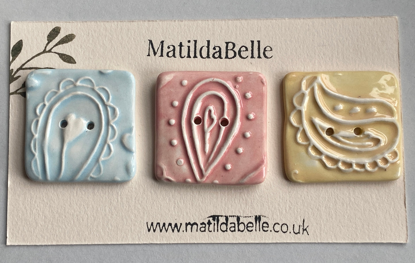 Handmade set of 3 Ceramic 35mm square Buttons Whimsical design Pretty Pastels