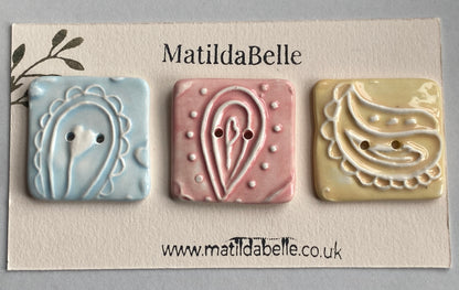 Handmade set of 3 Ceramic 35mm square Buttons Whimsical design Pretty Pastels