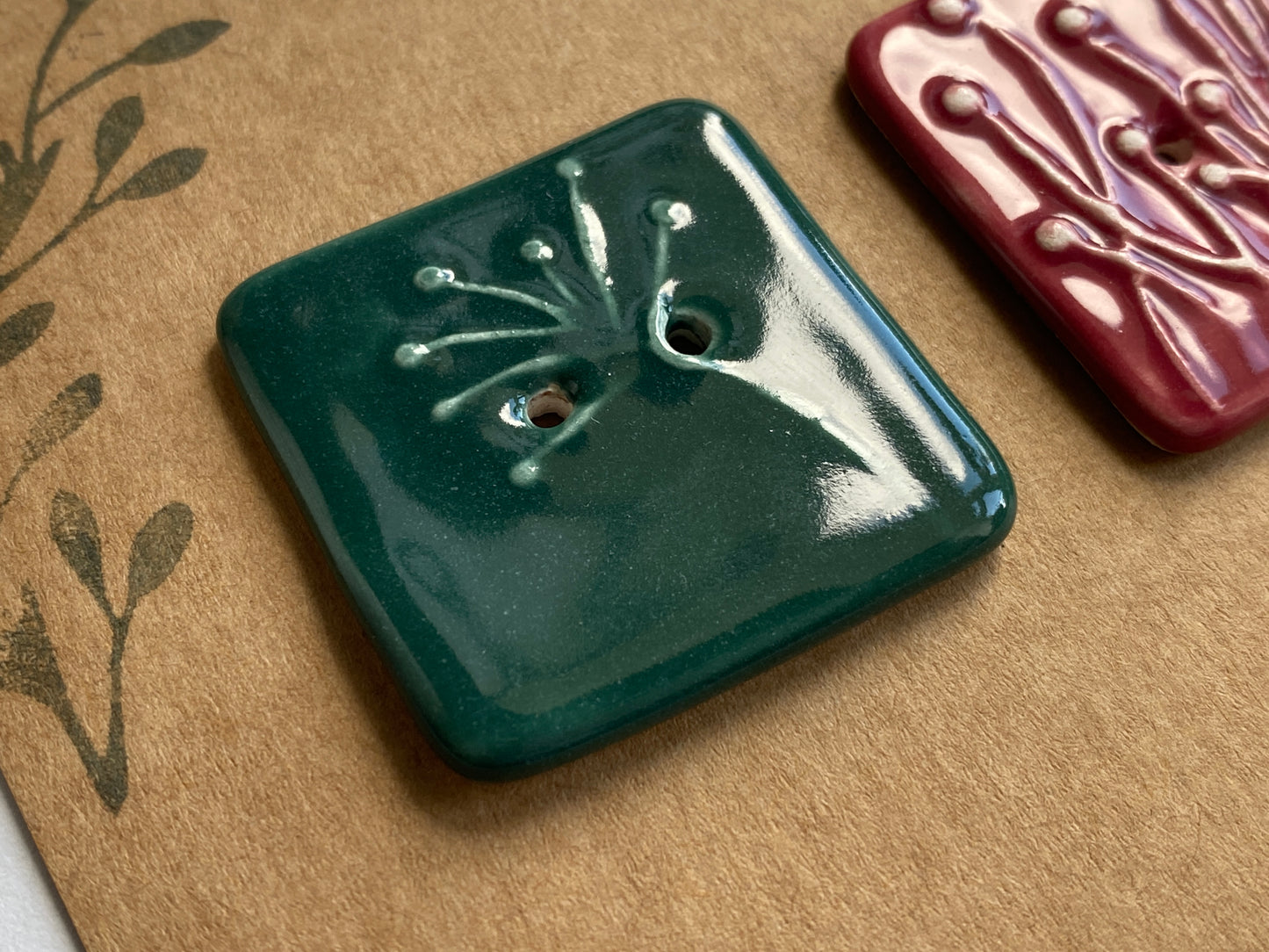 35mm Set of 3 Square Botanical Clay Buttons Green and Wine- 35mm  -
