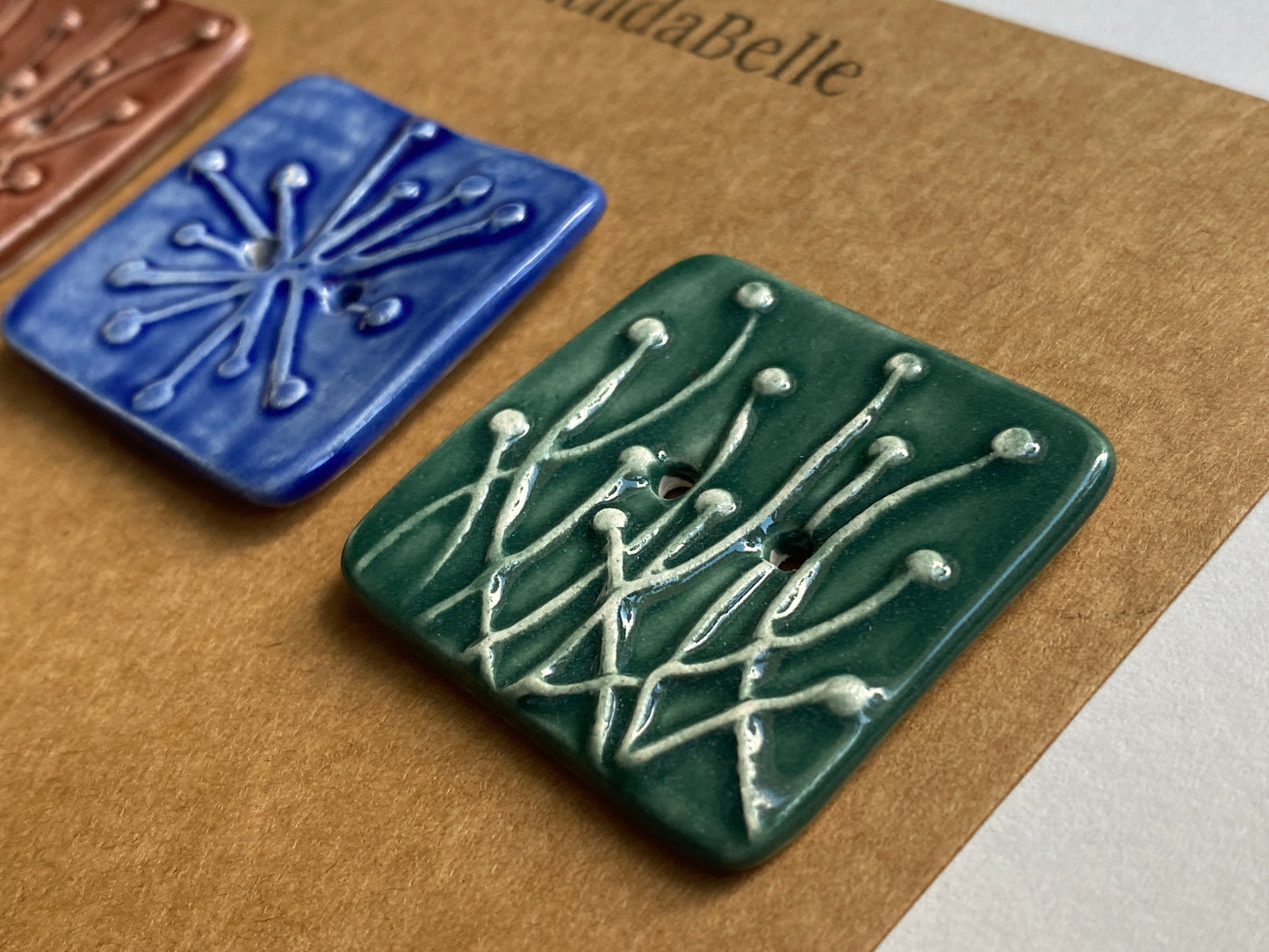 35mm Set of 3 Square Botanical Clay Buttons mixed colours- 35mm  -