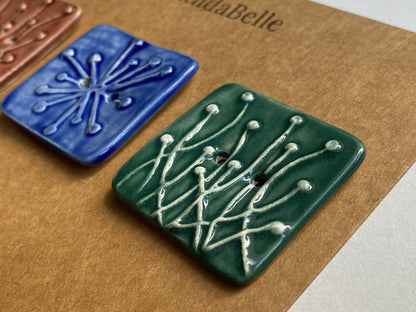 35mm Set of 3 Square Botanical Clay Buttons mixed colours- 35mm  -