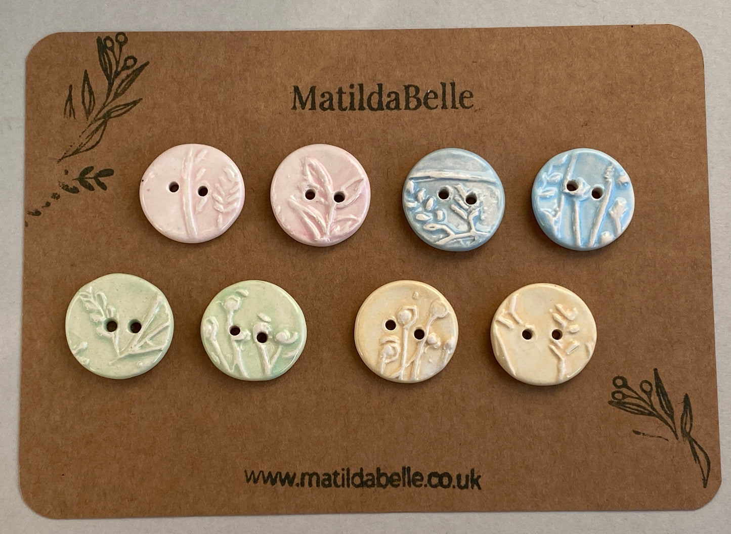 Ceramic Handmade buttons set of Eight pastel botanical 22mm