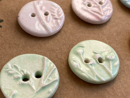 Ceramic Handmade buttons set of Eight pastel botanical 22mm