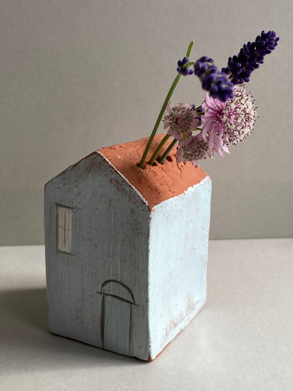 Handmade Ceramic Dry Vase Houses Blue Door and Moon