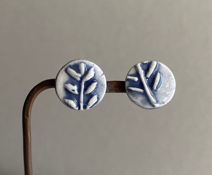 Handmade Ceramic Blue Botanical Earrings - Sterling Silver Posts