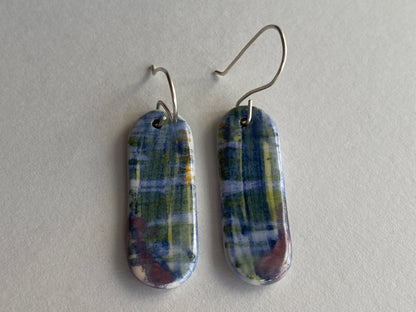 Ceramic painterly Dangle Earrings - Blues - Hung on handmade silver wires
