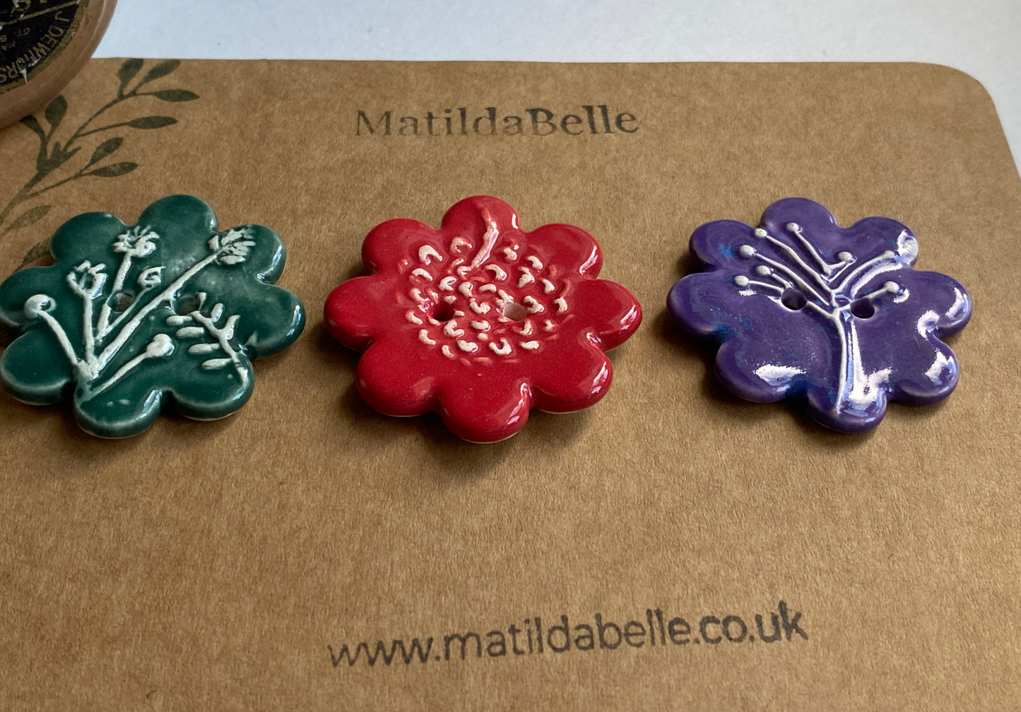 37mm Buttons set of 3 Large Botanical Flower Handmade Ceramic Buttons