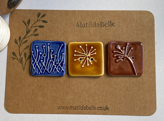 35mm Set of 3 Square Botanical Clay Buttons mixed colours- 35mm  -