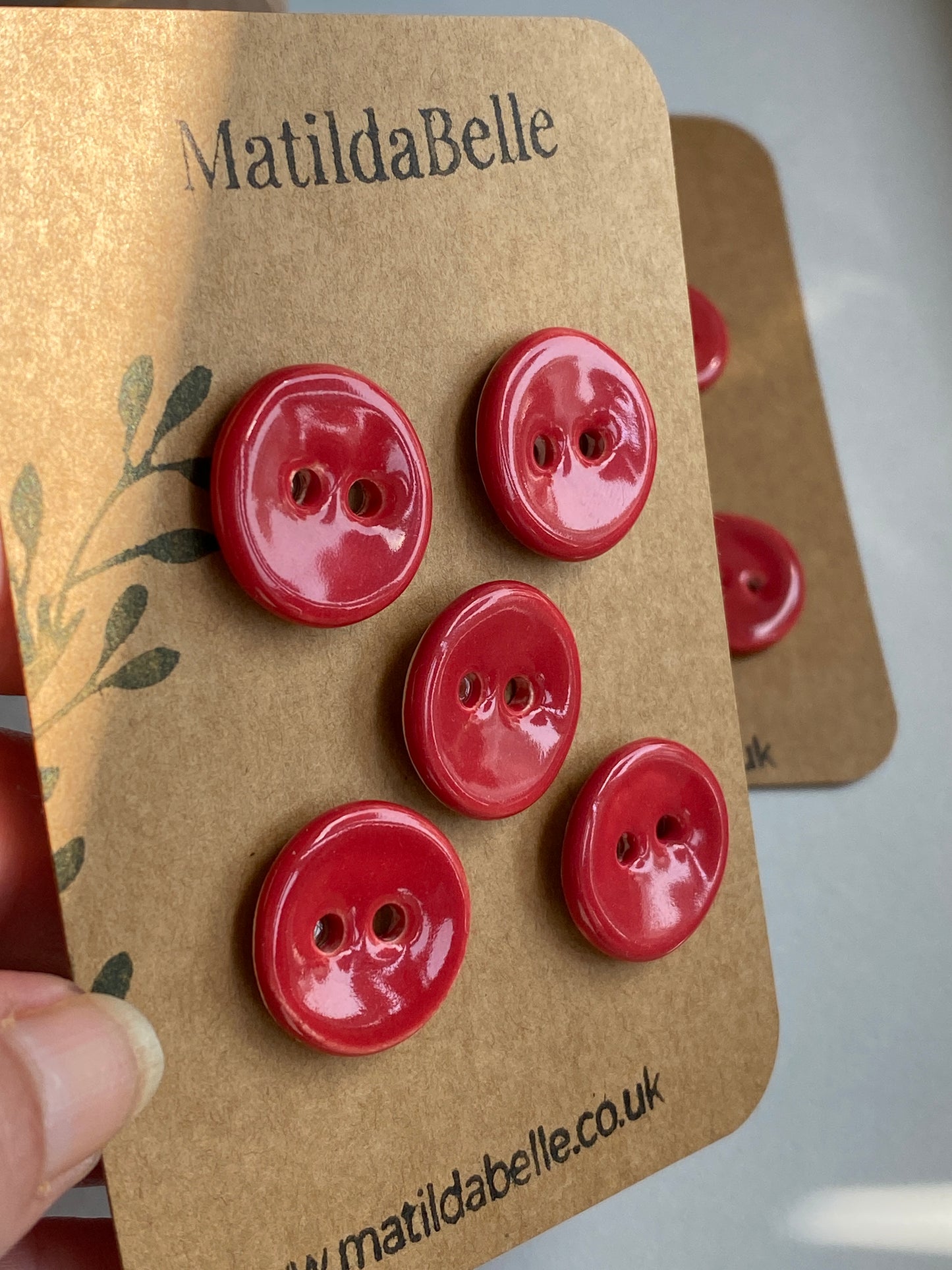 Buttons set of 5 Red Round 20mm Handmade Ceramic Buttons, choice of buttonhole size
