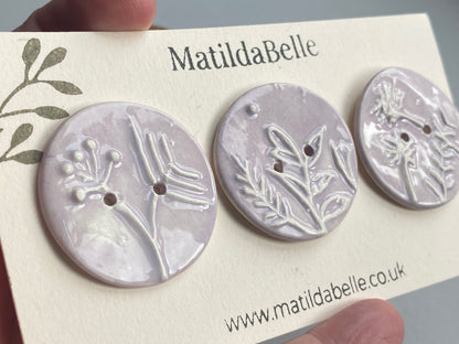 Handmade Ceramic Round 36mm Buttons Botanical Lilac
