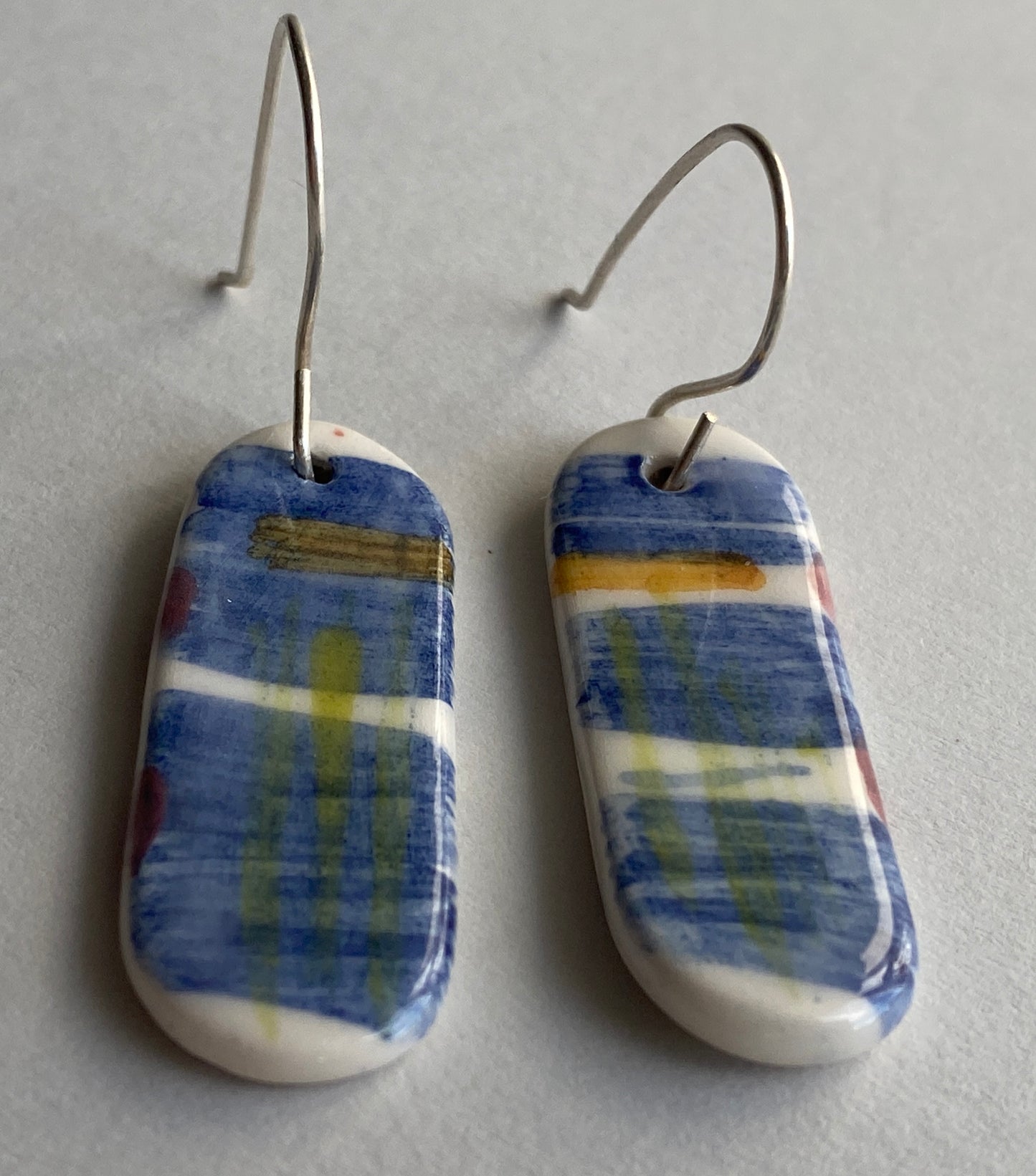 Ceramic painterly Dangle Earrings - Blues - Hung on handmade silver wires