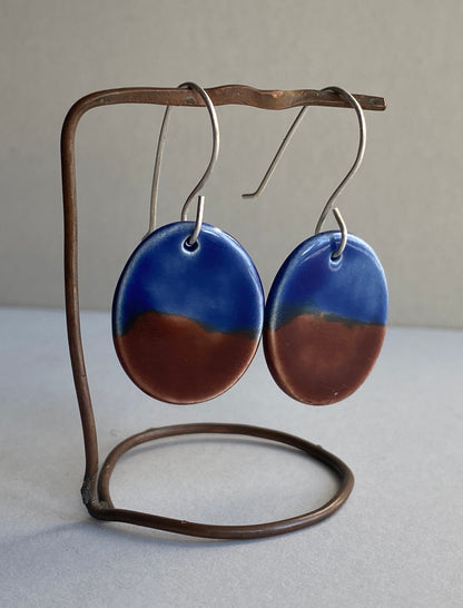 Ceramic Oval Dangle Earrings - Navy Blue and Chocolate