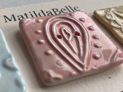 Handmade set of 3 Ceramic 35mm square Buttons Whimsical design Pretty Pastels