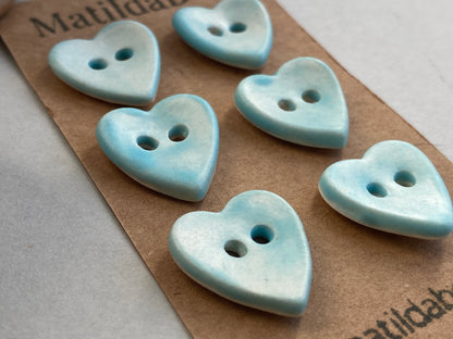 Buttons set of six Hearts 18mm handmade ceramic buttons Turquoise