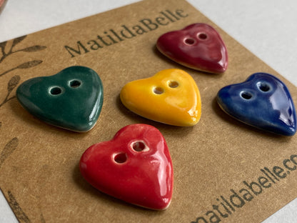 Handmade Ceramic Heart Button 20mm , Mixed Set of 5
