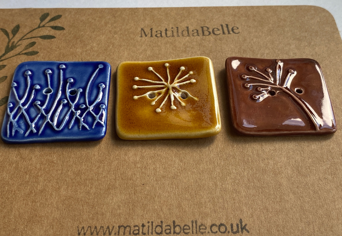 35mm Set of 3 Square Botanical Clay Buttons mixed colours- 35mm  -