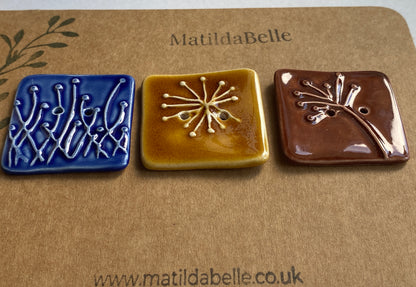 35mm Set of 3 Square Botanical Clay Buttons mixed colours- 35mm  -