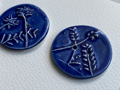 Handmade Ceramic Round 36mm Buttons Botanical Navy Blue