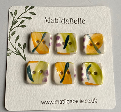 20mm set of Six square handmade Buttons lime / orange
