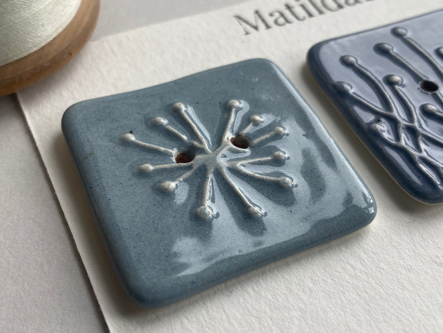 35mm Set of 3 Square Botanical Clay Buttons Blues - 35mm  -