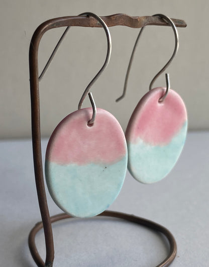 Ceramic Oval Dangle Earrings - Pink and Turquoise