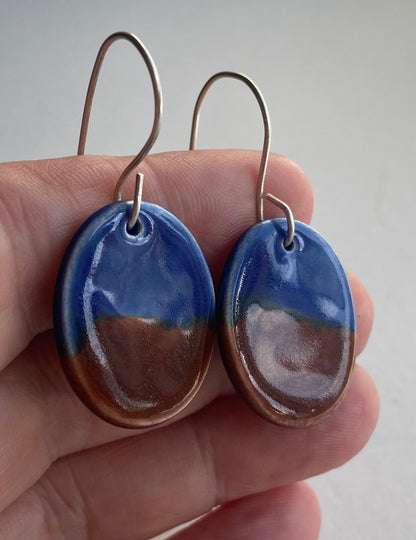 Ceramic Oval Dangle Earrings - Navy Blue and Chocolate