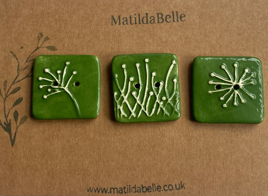 35mm Set of 3 Square Botanical Clay Buttons  Forest Green- 35mm  -