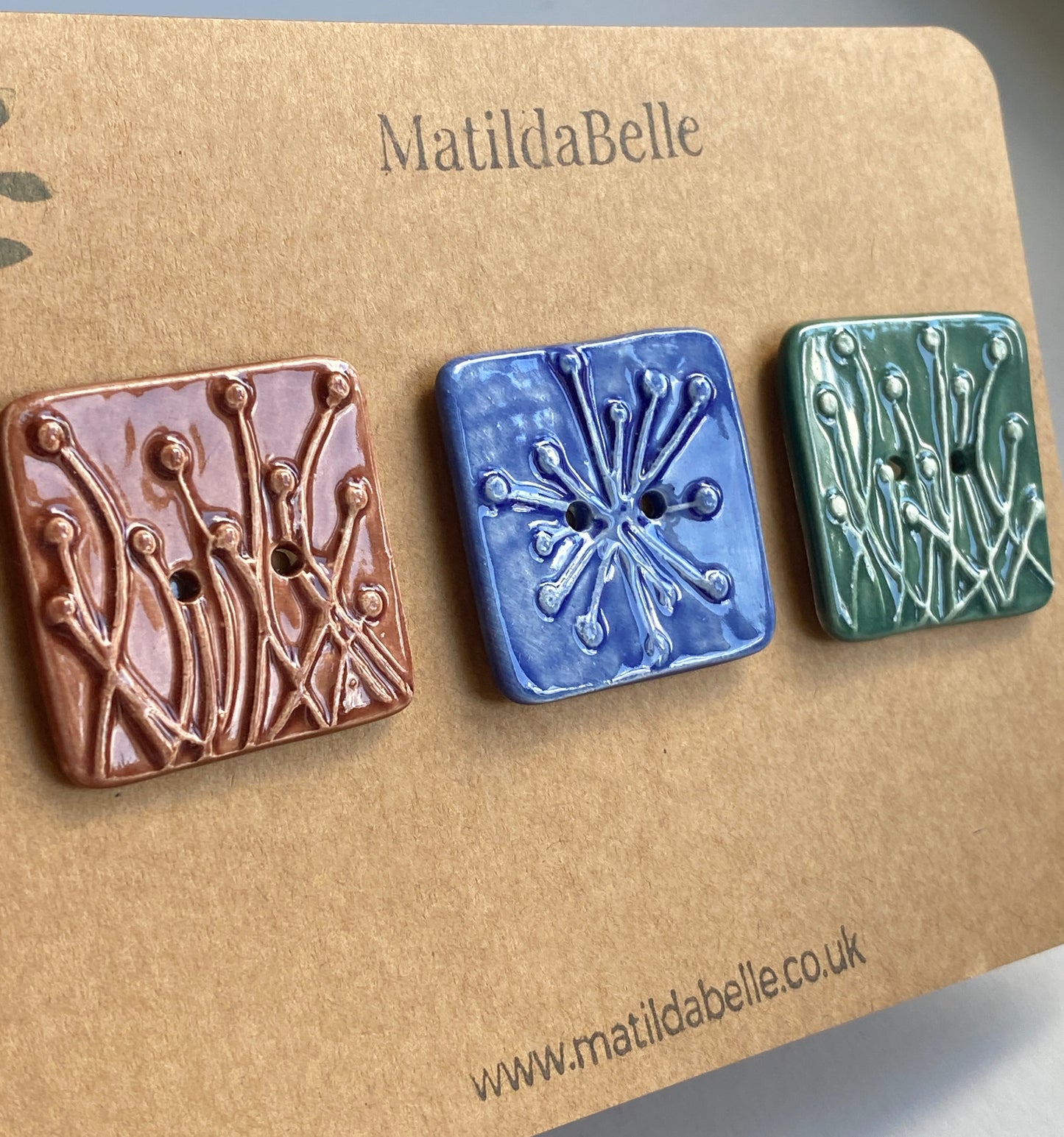 35mm Set of 3 Square Botanical Clay Buttons mixed colours- 35mm  -