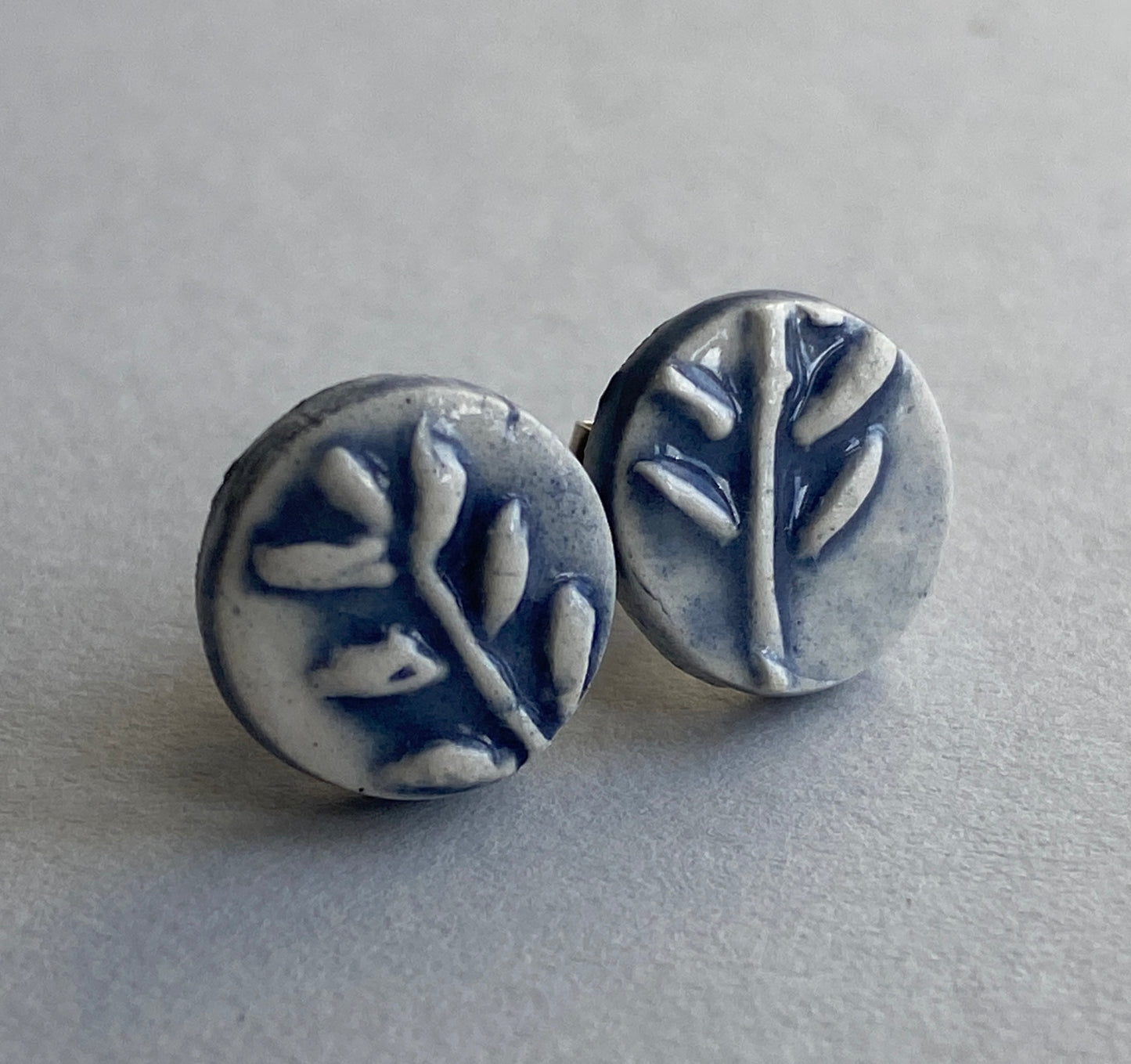 Handmade Ceramic Blue Botanical Earrings - Sterling Silver Posts