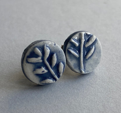 Handmade Ceramic Blue Botanical Earrings - Sterling Silver Posts
