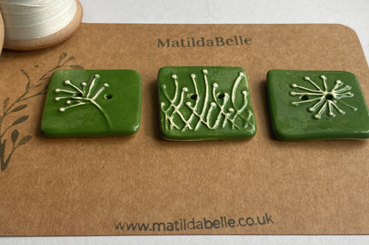 35mm Set of 3 Square Botanical Clay Buttons  Forest Green- 35mm  -