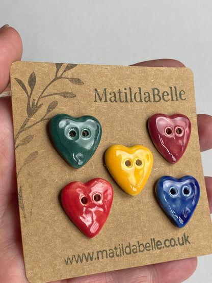 Handmade Ceramic Heart Button 20mm , Mixed Set of 5