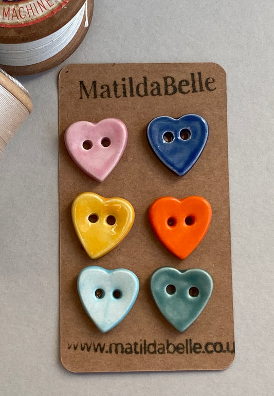 Buttons set of six Hearts 18mm handmade ceramic buttons mixed colours