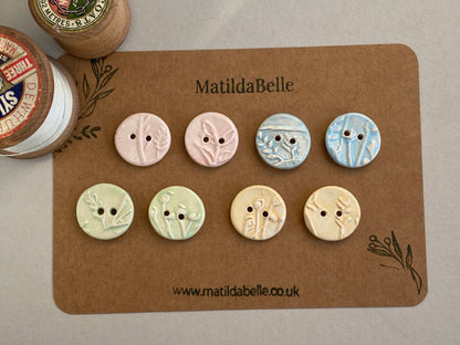 Ceramic Handmade buttons set of Eight pastel botanical 22mm