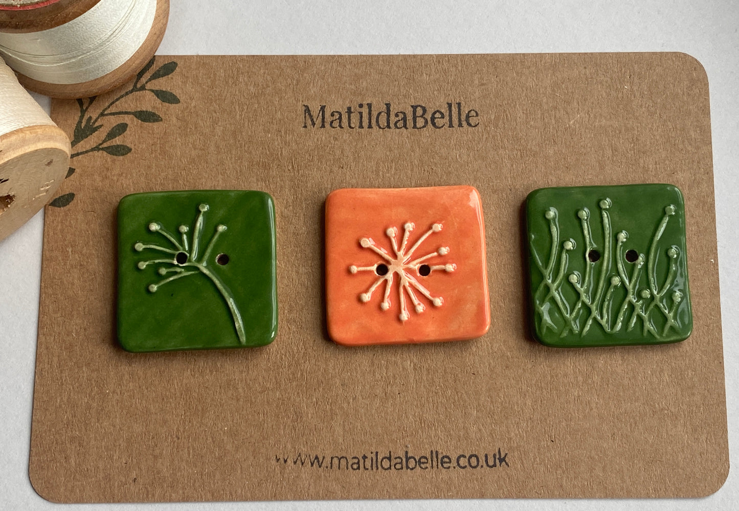 35mm Set of 3 Square Botanical Clay Buttons  Forest Green & Orange