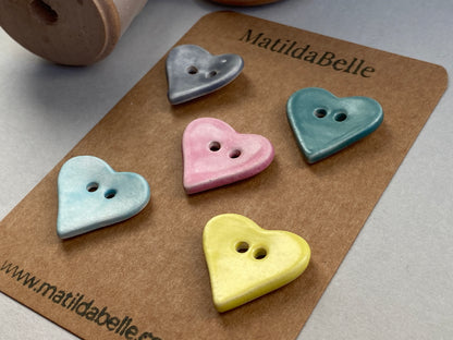 Buttons set of six Hearts 24mm handmade ceramic buttons mixed colours