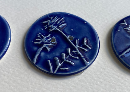 Handmade Ceramic Round 36mm Buttons Botanical Navy Blue