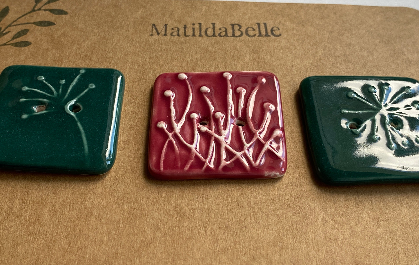 35mm Set of 3 Square Botanical Clay Buttons Green and Wine- 35mm  -