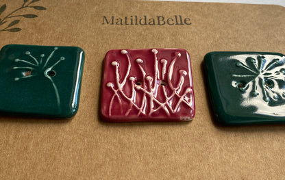 35mm Set of 3 Square Botanical Clay Buttons Green and Wine- 35mm  -